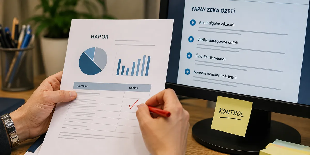 Ofis masasında yazıcıdan çıkmış raporu yapay zeka özetiyle karşılaştıran çalışan eli
